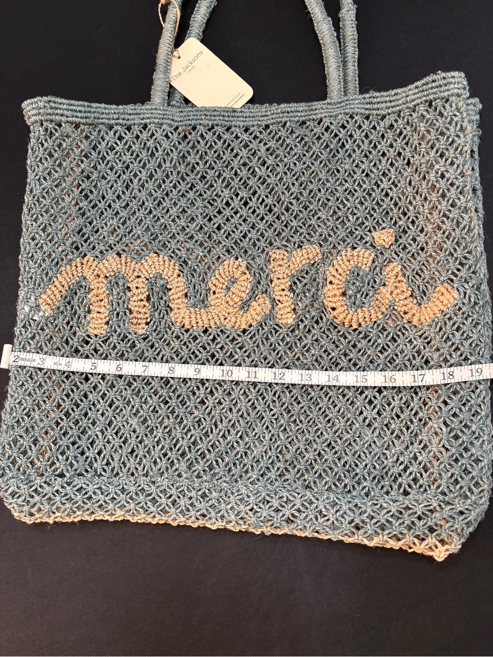 JACKSON Crochet Jute Tote in light Blue with Natural Lettering - Picture 5 of 13